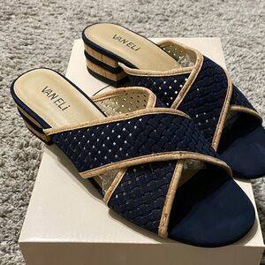 Vaneli Navy Woven Crisscross Slide Mules with Tan Trim
